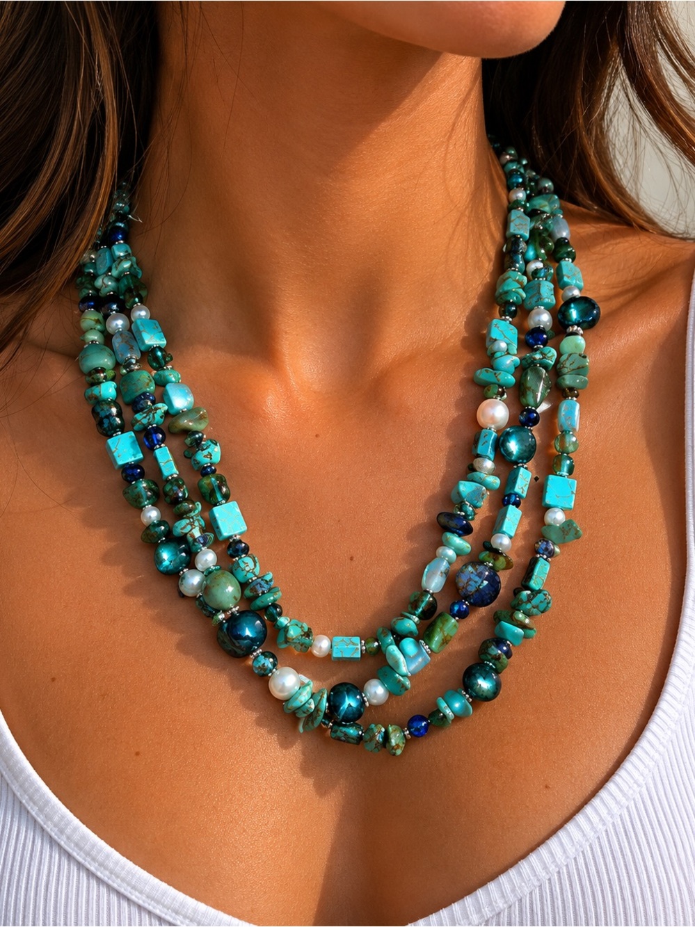 Turquoise and Faux Turquoise Necklace with Pearl Accents 🔥